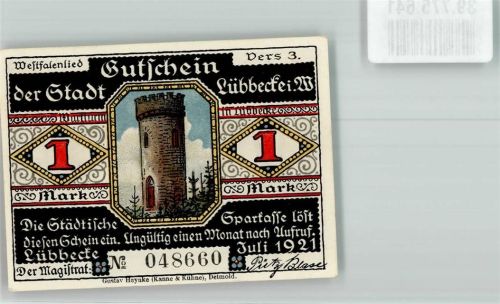 Lübbecke 1921 1 Mark Gutschein No. 048660