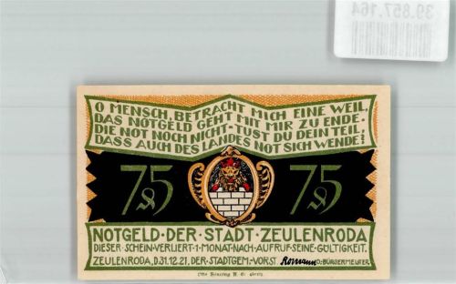 Zeulenroda 1921 75 Pfennig Ziska und Holck