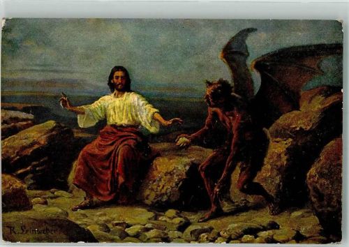 Heilige Schrift Bibelszene Serie VI Bild 12 Jesus Versuchung sign. Leinweber Rob.