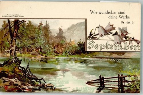 Monats AK September Serie Landschaft Blumen Psalm Guggenberger, T. Lithographie / Künstlerkarte