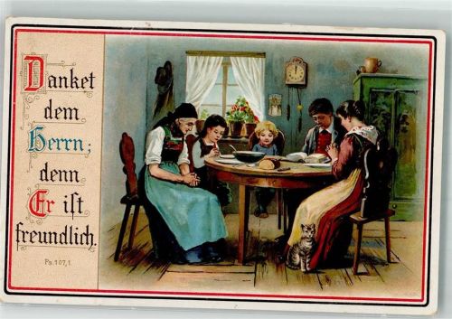1916 Bauersfamilie in Tracht beim Tischgebet Kind in österreichischer Uniform Schwarz-Weiß-Rot Feldpost WK I 10. Bayer. Inf.-Div.