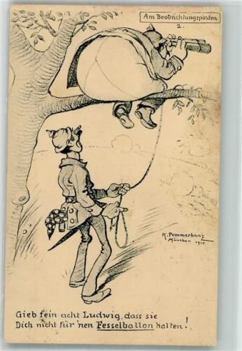 1916 sign. Pommerhanz Dicker Landser auf einem Baum als Beobachtungsposten