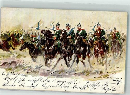 1910 Bayerische Kavallerie in Uniform mit Blau-Weißen Wimpeln im Galopp