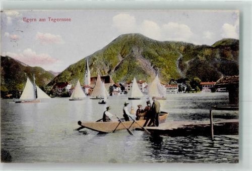 Rottach-Egern 1912 mit Segelbooten auf dem Tegernsee und St. Laurentiuskirche