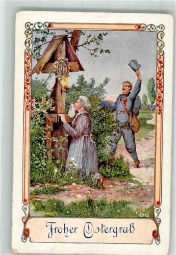 1918 sig. Ezel Landser in Uniform überrascht zu Ostern seine an einem Feldkreuz betende Mutter