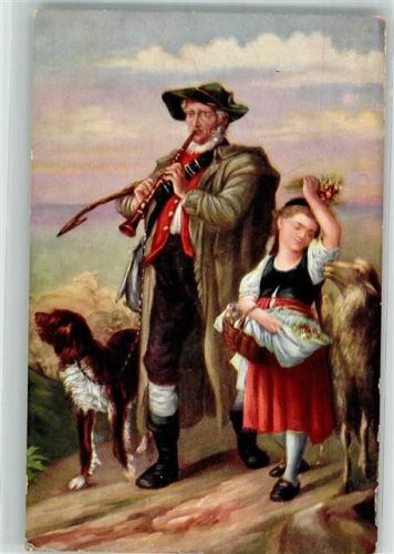 1908 Hund Kind Flöte Schafe sign. Grünwald Jac.