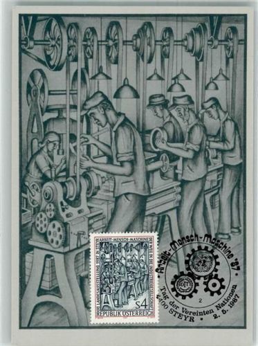 Steyr Arbeit-Mensch-Maschine 1987 + Briefmarke Technik Tag der Vereinten Nationen Ausstellung Künstlerkarte
