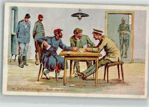 Landser in Uniform beim Kartenspiel mit gefangenen Franzosen WK I