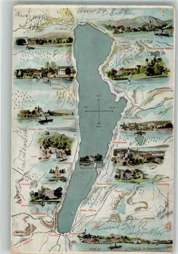 Bernried 1902 Landkarte vom Starnberger See mit Anrainerorten und Sehenswürdigkeiten Verlag Lorenz Fränzl Nr. 2332