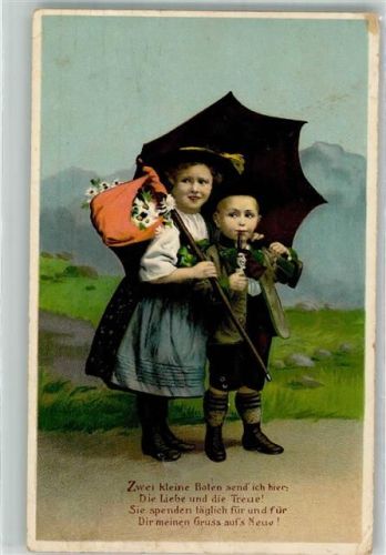 1913 Zwei kleine Kinder gemeinsam unterm Regenschirm Pfeife Maschinenstempel