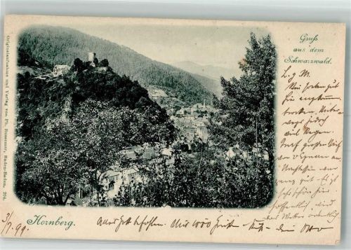 Hornberg 1899 mit Burg und Schlosshotel Fotograf Bussemer 204 Bahnpost Konstanz-Offenburg Zug 480