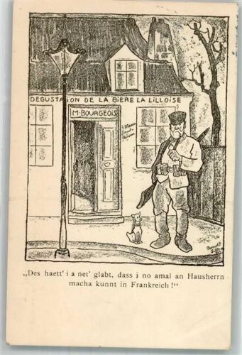 1915 sign. Arnold, Karl Landser hält mit Hund Wache vor einem Gasthaus in Frankreich Liller Kriegszeitung Feldpost 1. Bayer. Res,-Korps