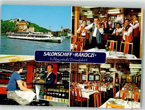 Passau Fahrgastschiff Salonschiff Rakoczi vor Ober- und Niederhaus Bordstempel