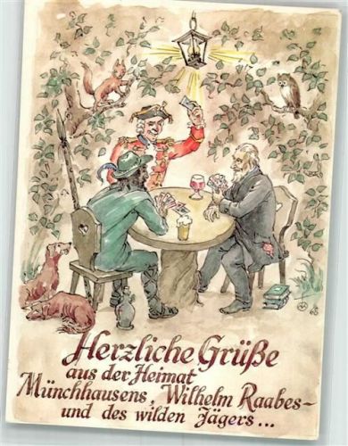 Holzminden sign. Kubbernuß Münchhausen Wilhelm Raabe und der Wilde Jäger beim Kartenspiel