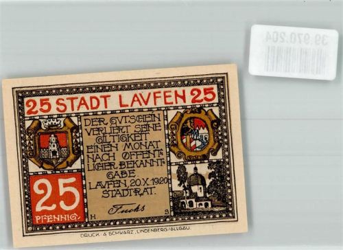 Laufen 1920 25 Pfennig Stiftskirche Wappen Bayern