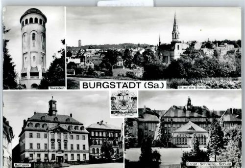 Burgstädt Taurastein, Rathaus, Ernst-Schneller-Schule, Wappen