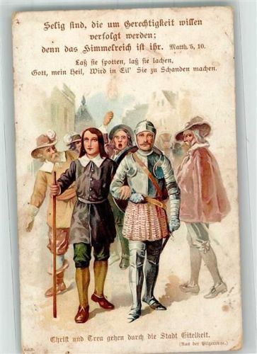 Christ und Treu gehen durch die Stadt Eitelkeit Künstlerkarte Christliche Propaganda 1907 Gebrauchsspuren