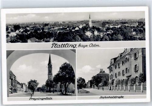 94447 W8350 Plattling - Preysingplatz, Bahnhofstraße, Kirche, Ortsansicht