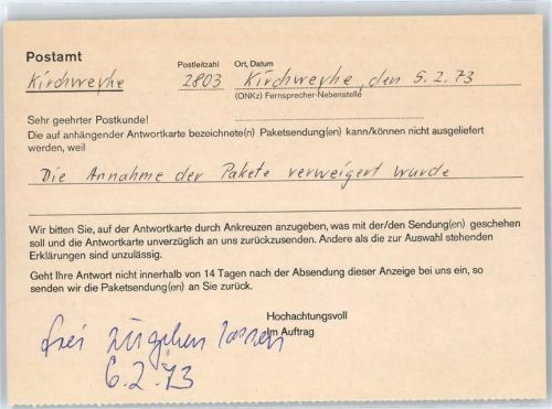 28844 W2803 Kirchweyhe b Bremen - Antwortkarte Anzeige über Paket-Unzustellbarkeit