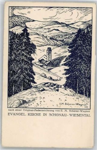 79677 W7869 Schönau im Schwarzwald Künstlerkarte ev..Kirche , sign. E.M. Scherer-Wagner