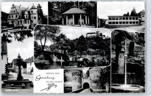 97956 W6977 Gamburg , Tauber - Eulschirben Wasserschloß, Grafenkapelle, Schulhaus, Ortsansichtbrunnen, Tauberpartie, Burg
