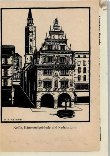 Neisse Nysa Künstlerkarte Kämmereigebäude und Rathausturm sign.Hellmut Knote