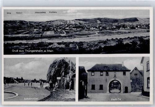 97291 W8702 Thüngersheim - Schwimmbad, Stadt-Tor, Blick zum Fischberg Johannesberg