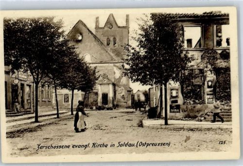 Soldau Dzialdowo - Zerschossene ev. Kirche Wohlfahrts-Karte Bahnpost Hersfeld