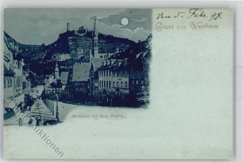 69469 W6940 Weinheim , Bergstr 1898 Lithographie / Mondschein Marktplatz Burg Windeck