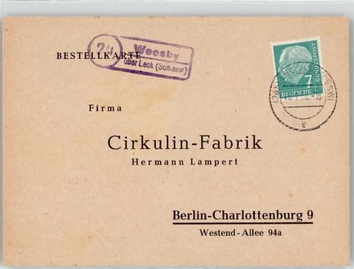 24994 W2267 Weesby - Landpoststempel Bestellkarte Circulin Fabrik Hermann Lampert Charlottenburg