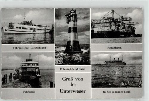 28790 W2822 Fährplate , Unterweser - Schiffe Pieranlagen Leuchtturm Rotesand