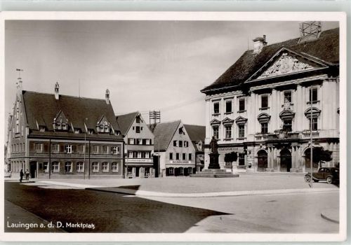 89415 W8882 Lauingen Donau Foto AK MArktplatz Sparkasse Denkmal Buchdruckerei Schreibwarenhandlung