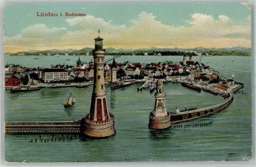 Lindau Hafenbefestigung Statue Loewe Segelboot Dampfschiff Beladekran