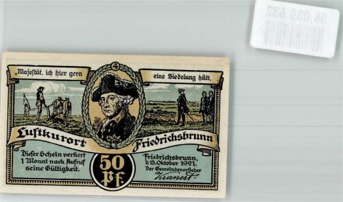 Friedrichsbrunn 1921 50 Pfennig Friedrich der Große Rückseite Dambachhaus Pfeil-Denkmal