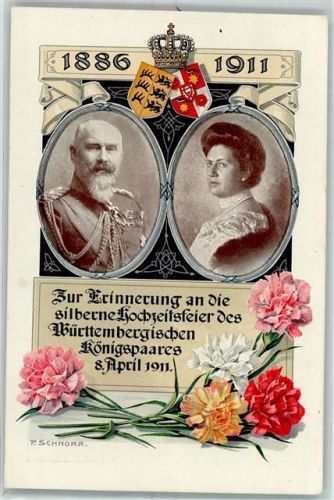 1911 König Wilhelm II Königin Charlotte von Württemberg Nelken Wappen Krone Silberhochzeit