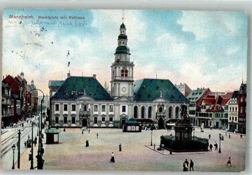 Mannheim 1910 Marktplatz mit Rathaus und Marktplatzbrunnen