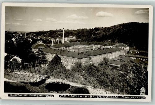 Meißen 1929 Jahrtausendfeier Porzellanmanufaktur Fabrikschornstein Garten