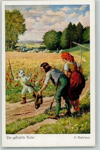 Kutsche König Feld Mohnblume Blume Feldarbeiter Rechen Schwert sign. O.Kubel Serie 223 No. 4291 Der gestiefelte Kater Künstlerkarte