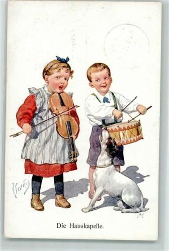 1912 Kind Bratsche Trommel Hund sign. Feiertag, Karl
