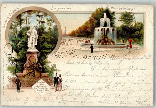 Kreuzberg 1898 Wrangelbrunnen Siegesallee Lessing Denkmal Gruss Lithographie
