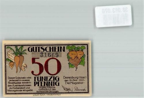 Derenburg 1920 Gutschein über 50 Pfennig Pflügender Bauer