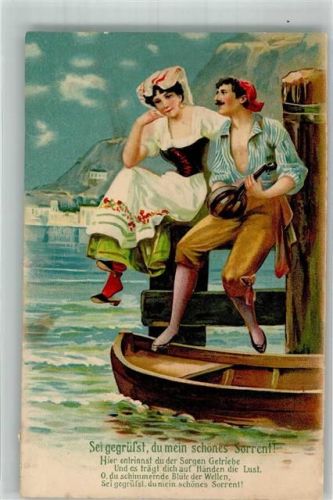 Sorrento 1914 Ein Liebespaar in landestypischer Tracht mit Laute auf dem Steg