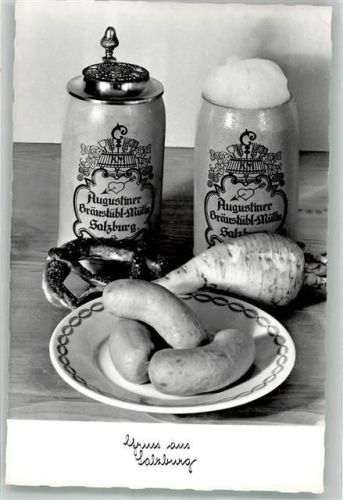 Salzburg 1960 Gasthaus Bräuhaus-Müller Bierhumpen Rettich Wurst
