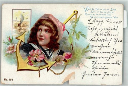 1900 Portrait einer jungen Frau im Matrosenkleid mit Anker Lithographie/Künstlerkarte Einriß