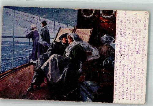 1916 sign. Spanyik, Tengeren Liebespaar an Bord eines Dampfers Poesie / Liebe KuK Zensurstempel