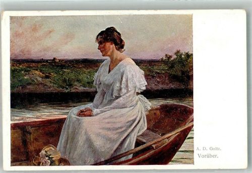 sign. Goltz Traurige junge Frau im Ruderboot B.K.W.I. Nr. 1008