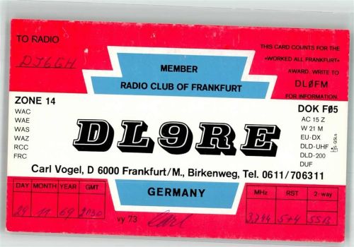 Frankfurt 1969 Funkfrequenzkarte DL9RE Birkenweg
