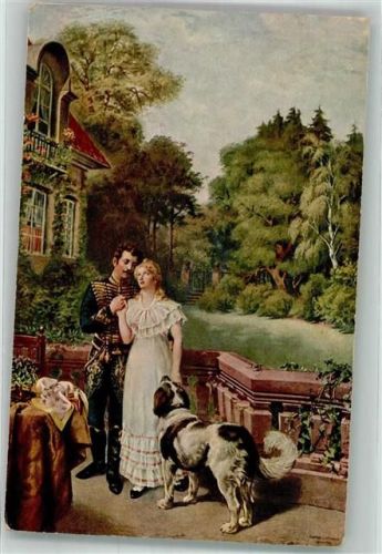 sign. Renowitzky Liebesglück Husar mit seiner Liebsten und Hund L & P 2621