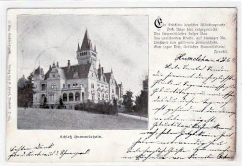 Hummelshain Hummelshain i. Thür. mit Schloss gelaufen von 1899. Oxydationsspuren rechter Rand, leichte Stempelspuren, kleiner Knick unten rechts, sonst gut erhalten.