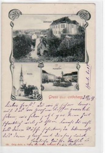 Radeberg mit Schloss, Marktplatz und Kirche gelaufen von 1907 kleiner Knick oben rechts, sonst gut erhalten.